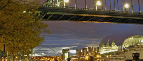 A nighttime view of a bridge with illuminated lights, a river, and a cityscape with buildings and a large dome structure.