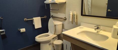 A modern bathroom with a toilet, sink, and mirror.