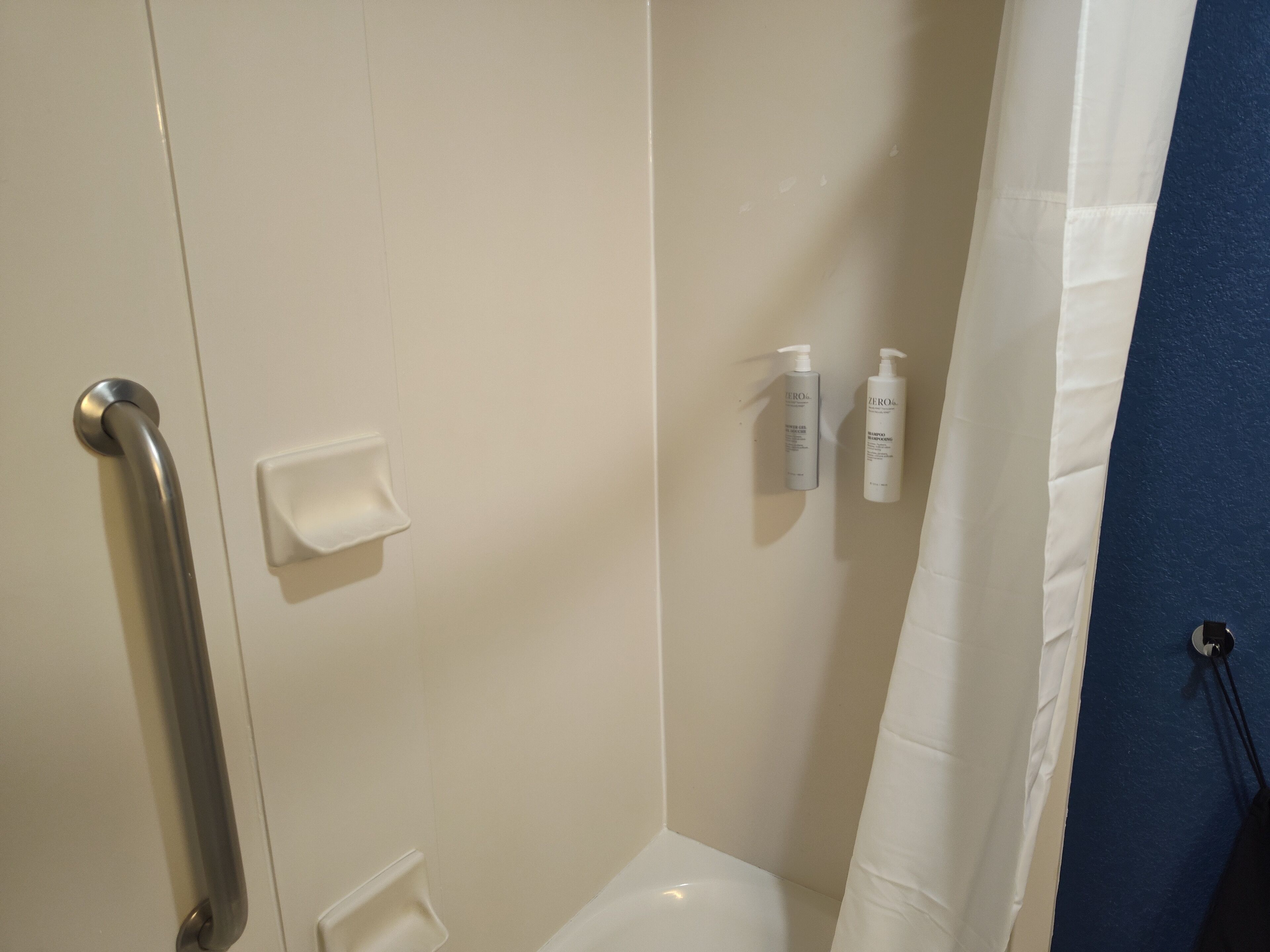 A bathroom with a shower, a handrail, and two bottles of shampoo on the wall.