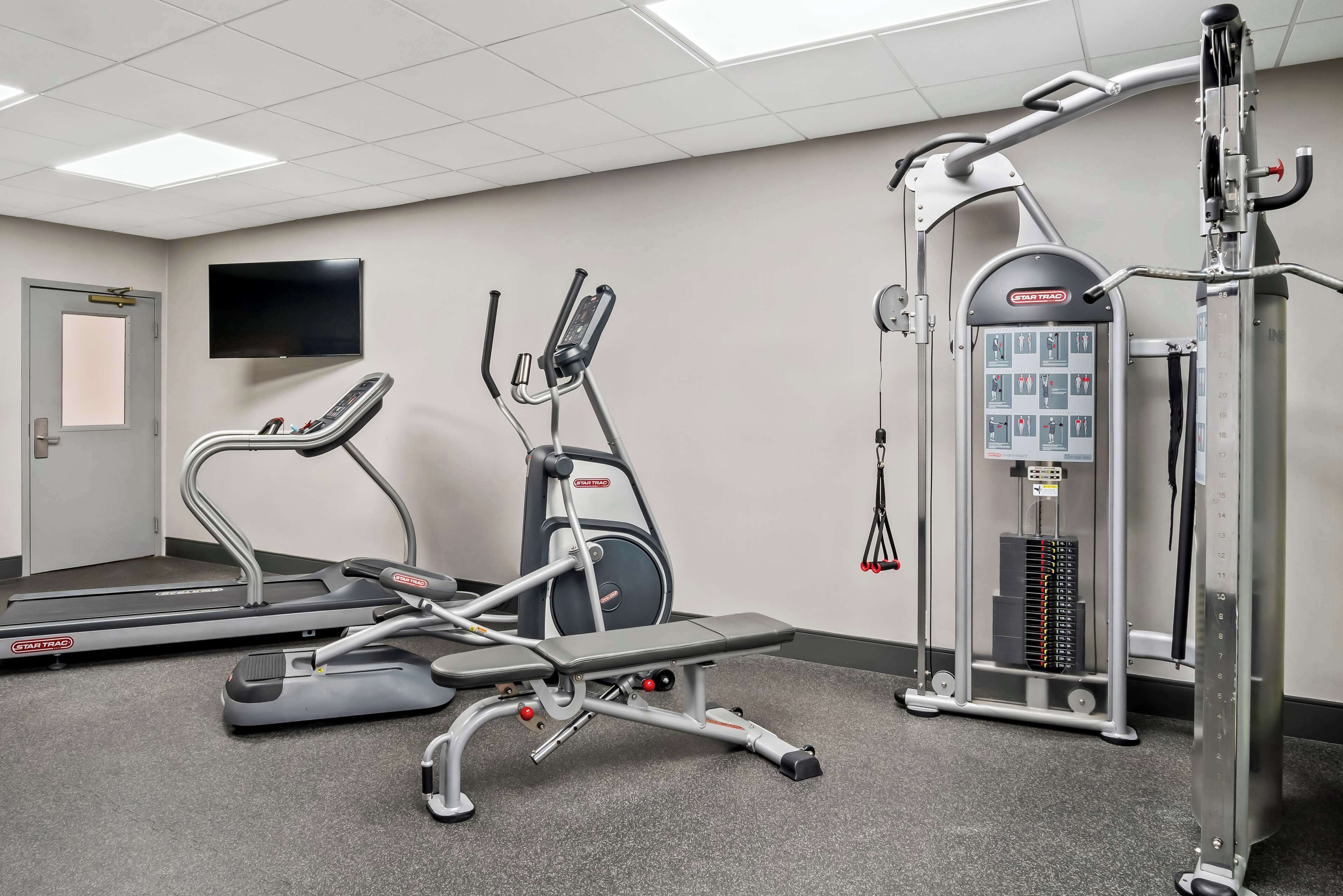 A gym with treadmills, elliptical machines, and weight machines.