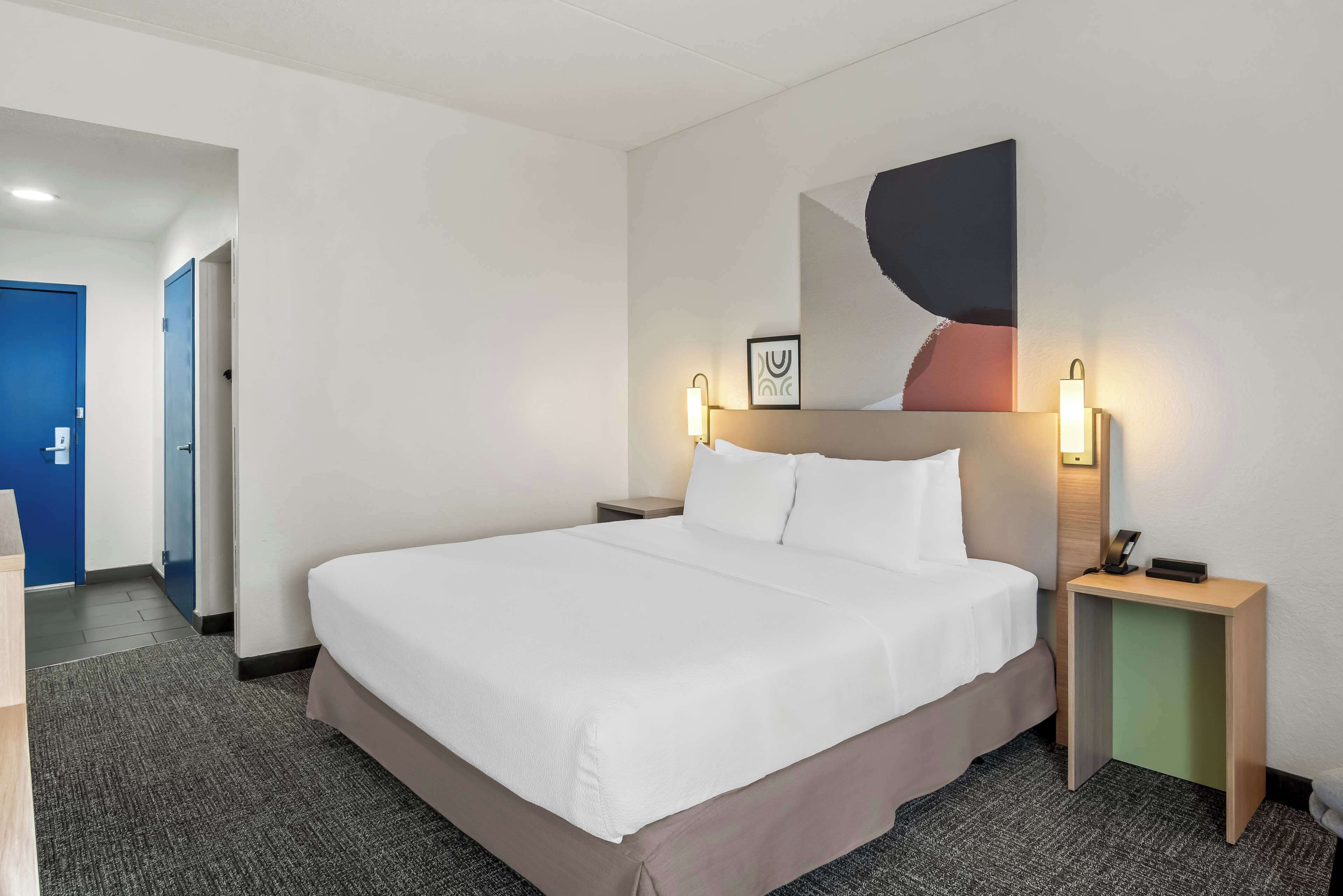 A hotel room with a large bed, a bedside table with a lamp, a wall-mounted artwork, and a door leading to another room.