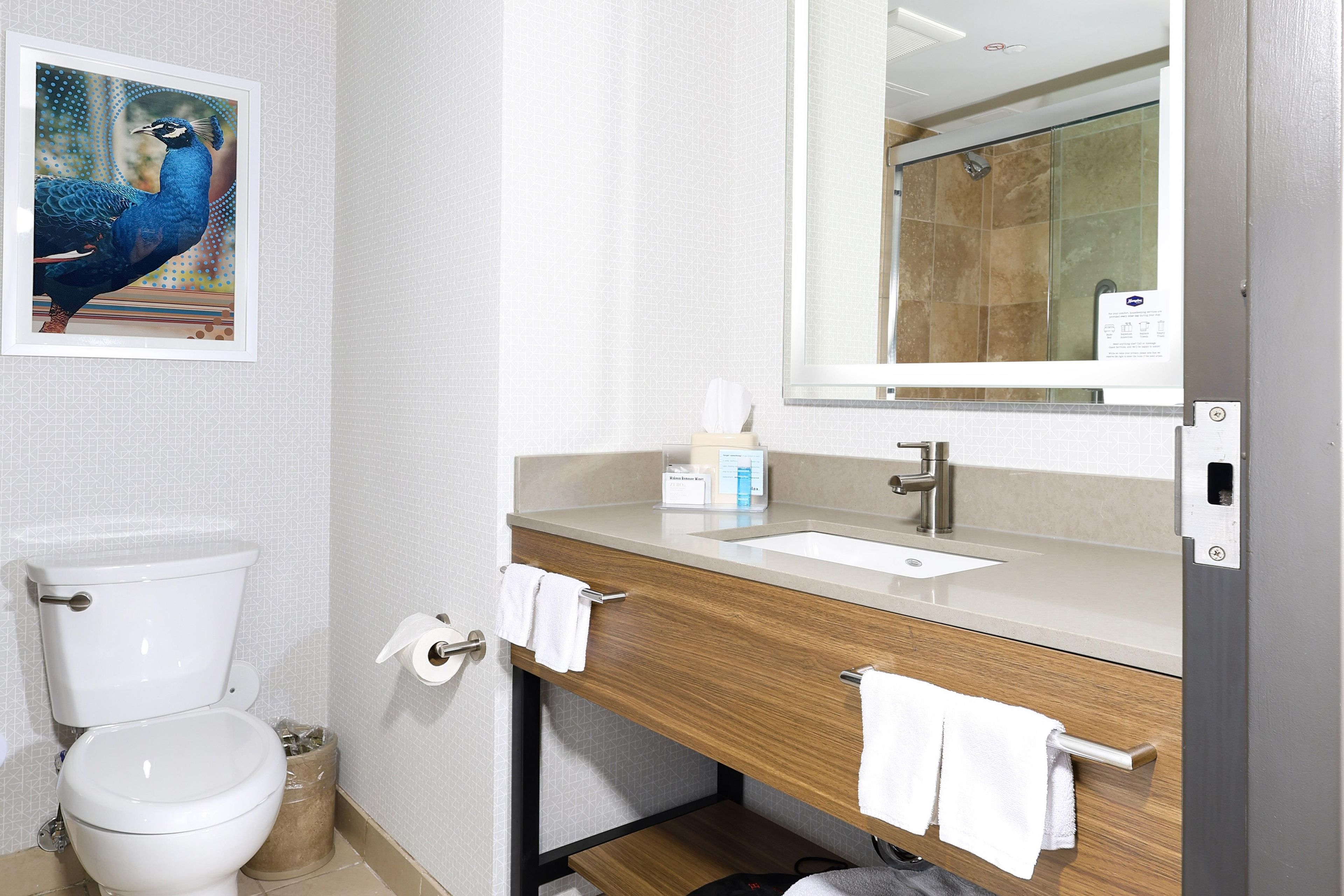 Un baño con inodoro, lavabo con espejo y zona de ducha.