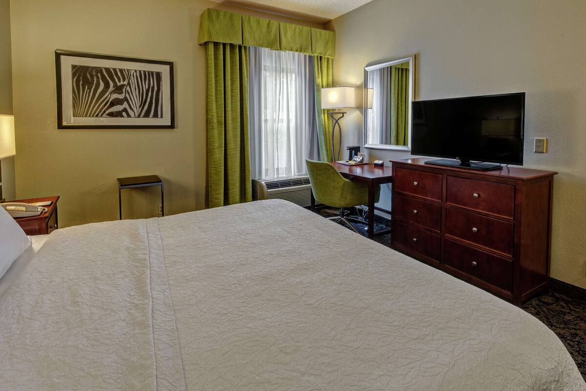 A hotel room with a large bed, a desk with a television, a chair, a lamp, and a framed picture on the wall.