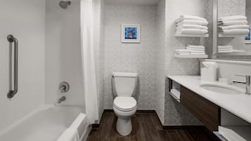 Une salle de bain moderne équipée d’une douche, de toilettes et d’un meuble-lavabo.