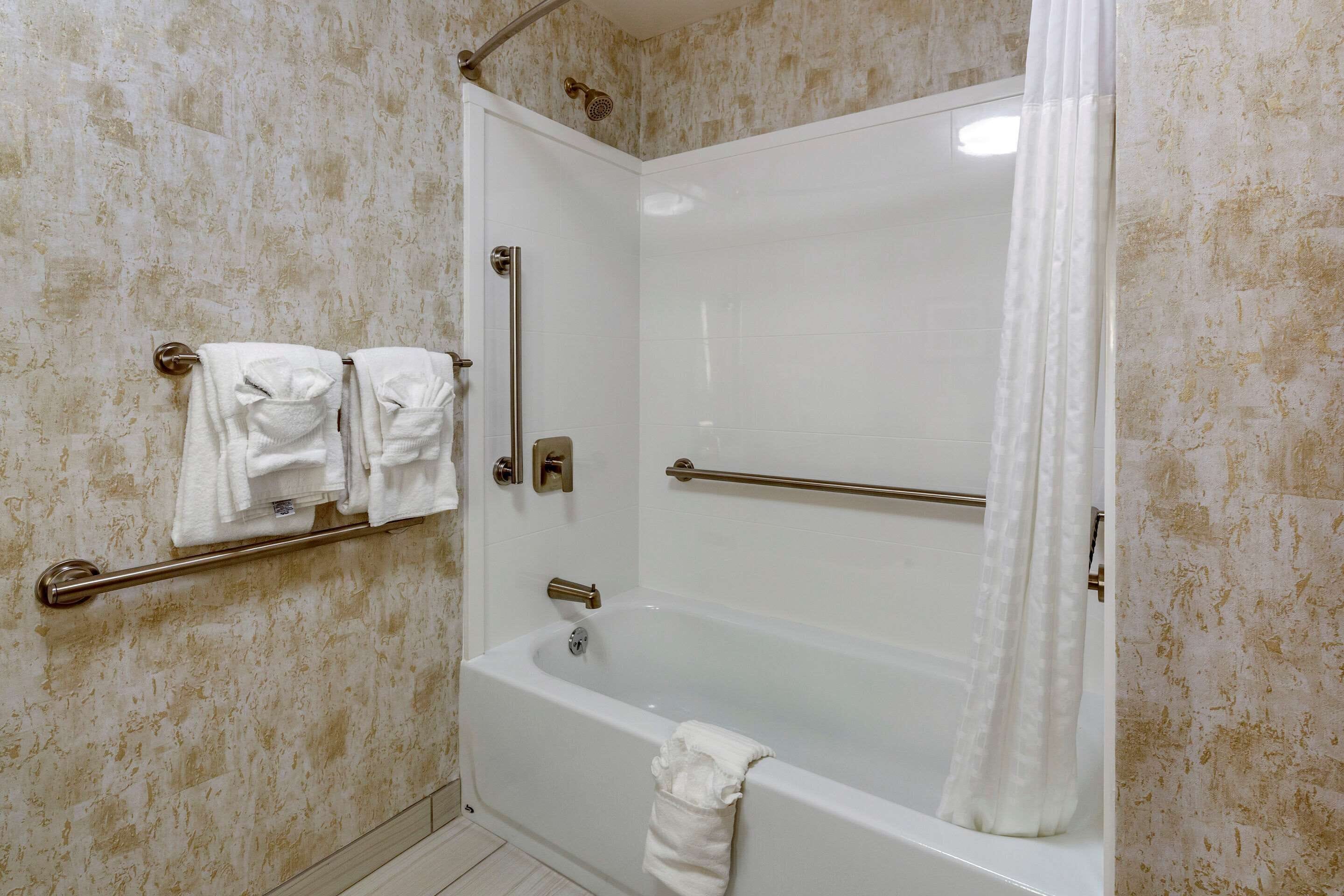 combined shower/bathtub, hydromassage showerhead, hair dryer, towels