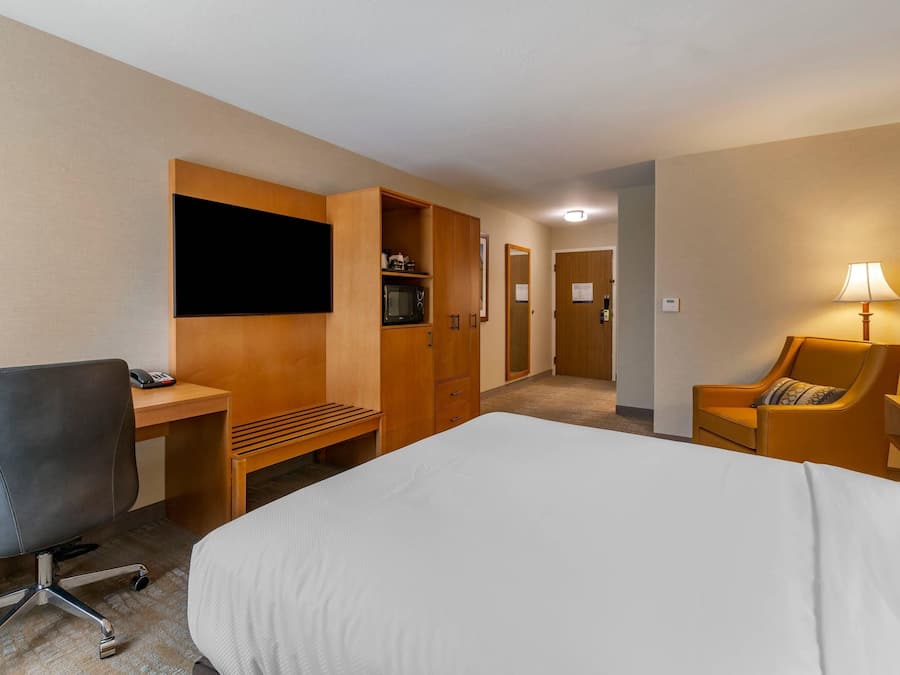 A hotel room with a bed, desk, chair, TV, and a microwave.