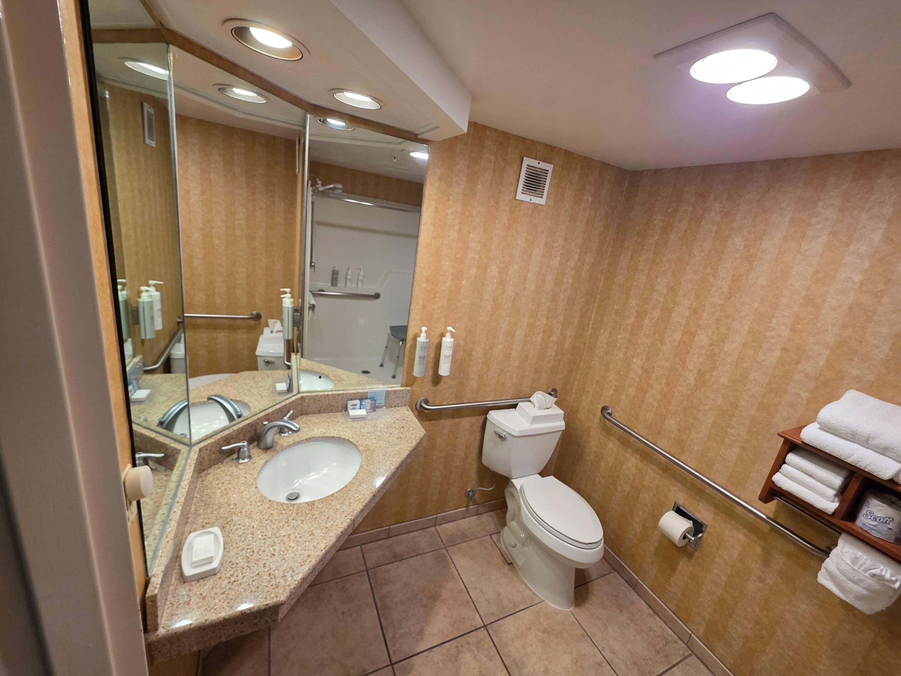 Un baño con lavamanos, espejo, inodoro y perchero para toallas.