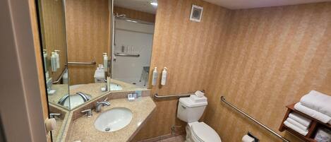 Un baño con lavamanos, espejo, inodoro y perchero para toallas.