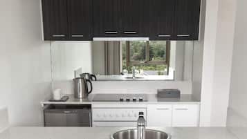 Fridge, microwave, coffee/tea maker, electric kettle