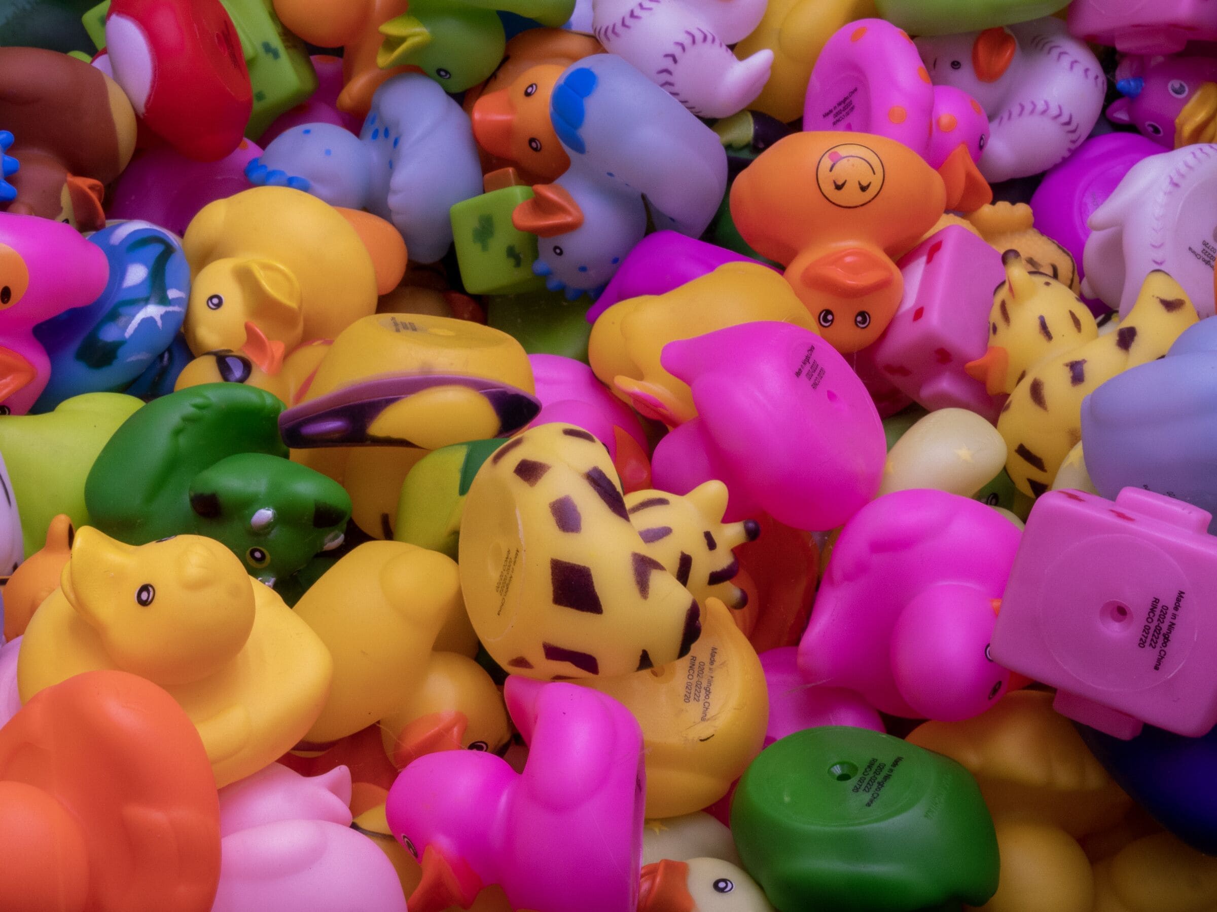 A collection of colorful rubber ducks.