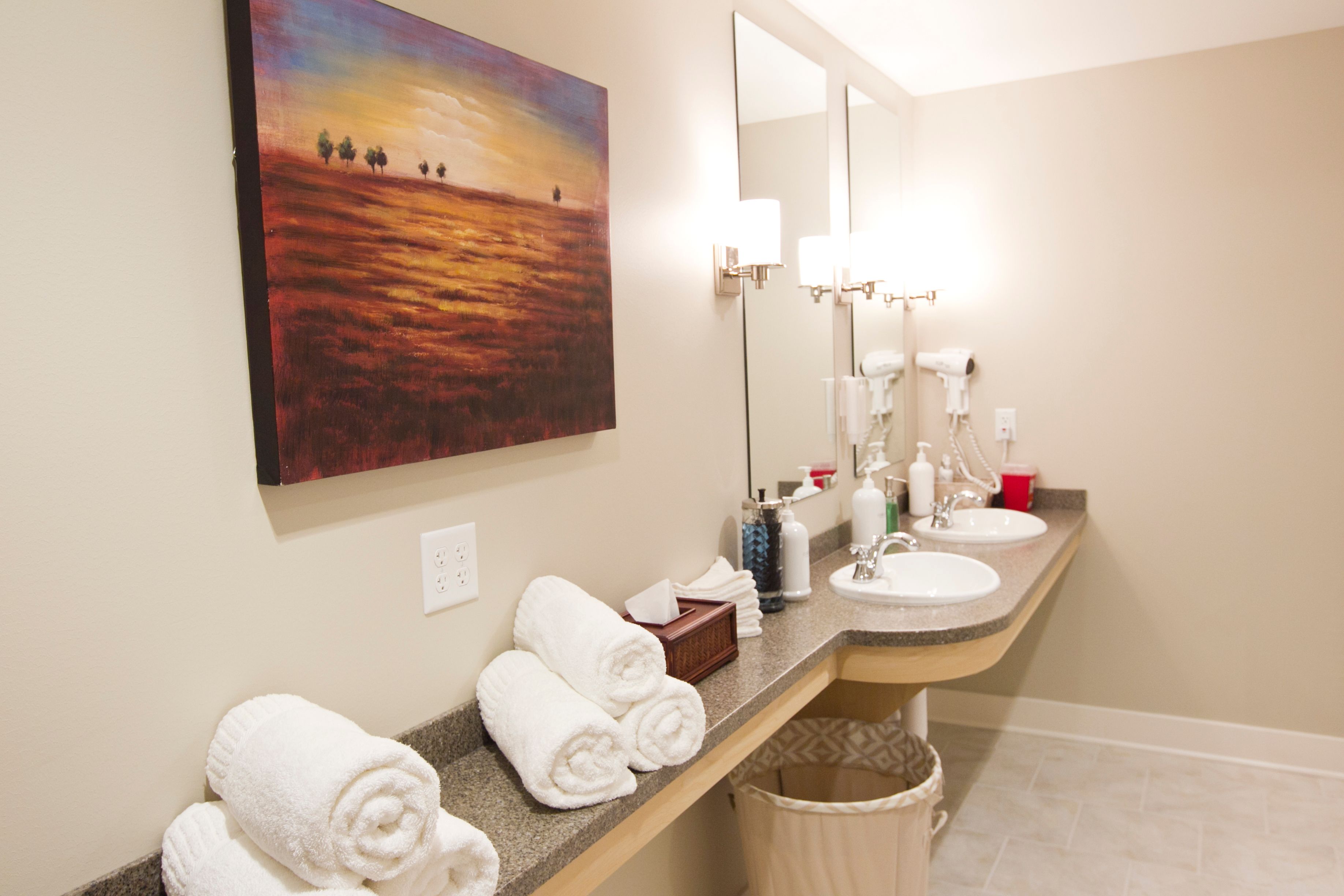 A bathroom with a painting of a sunset, two sinks, a mirror, and a trash can.