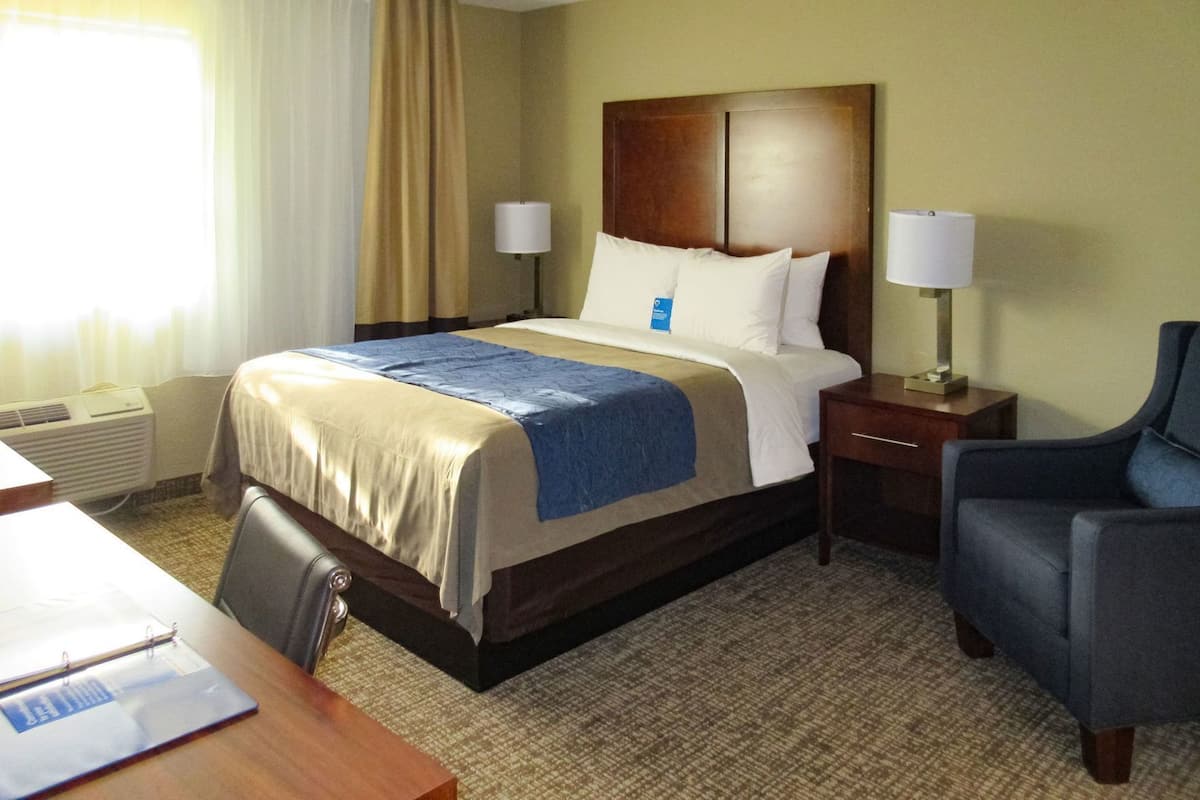 Premium bedding, desk, laptop workspace, blackout drapes