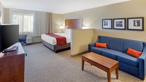 Quarto de hotel com cama, sofá, escrivaninha e televisão.