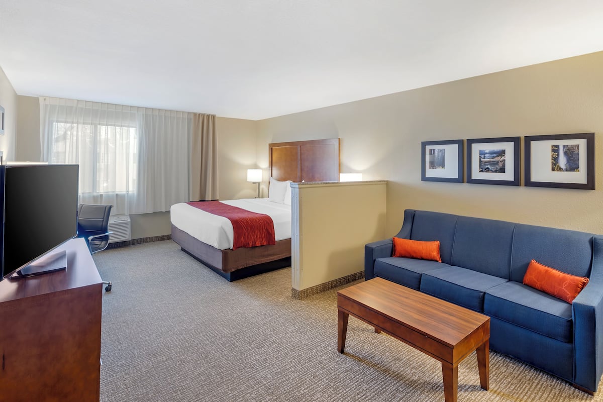 A hotel room with a bed, a sofa, a desk, and a TV.