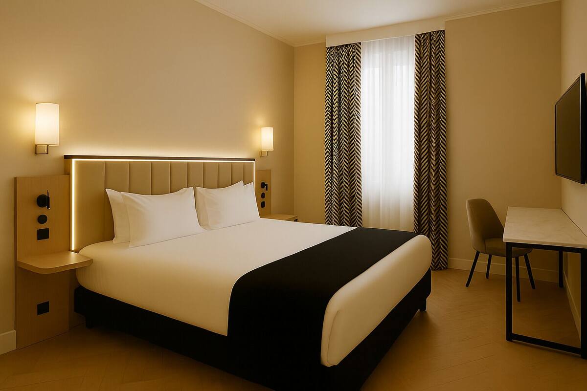 A hotel room with a large bed, bedside tables, a desk with a chair, and a TV.