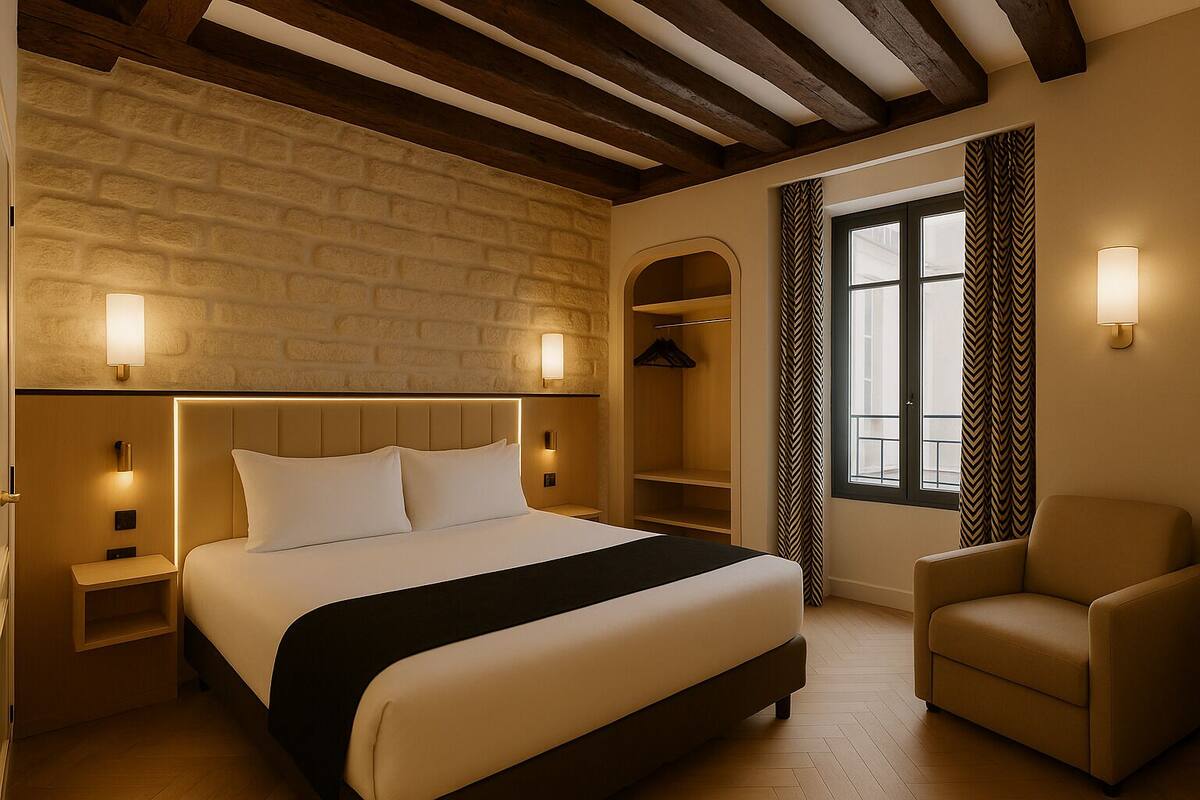 A hotel room with a large bed, a wooden headboard, a wardrobe, a chair, and a window with curtains.