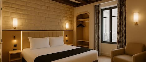 A hotel room with a large bed, a wooden headboard, a wardrobe, a chair, and a window with curtains.