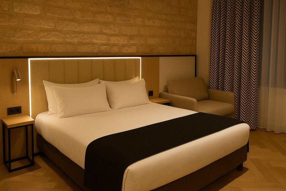 A modern hotel room with a large bed, a nightstand, a sofa, and a patterned curtain.