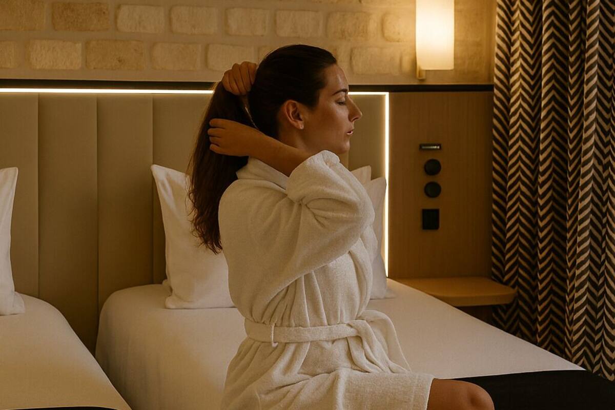 A hotel room with a brick wall, two beds, a nightstand with a lamp, and a patterned curtain.
