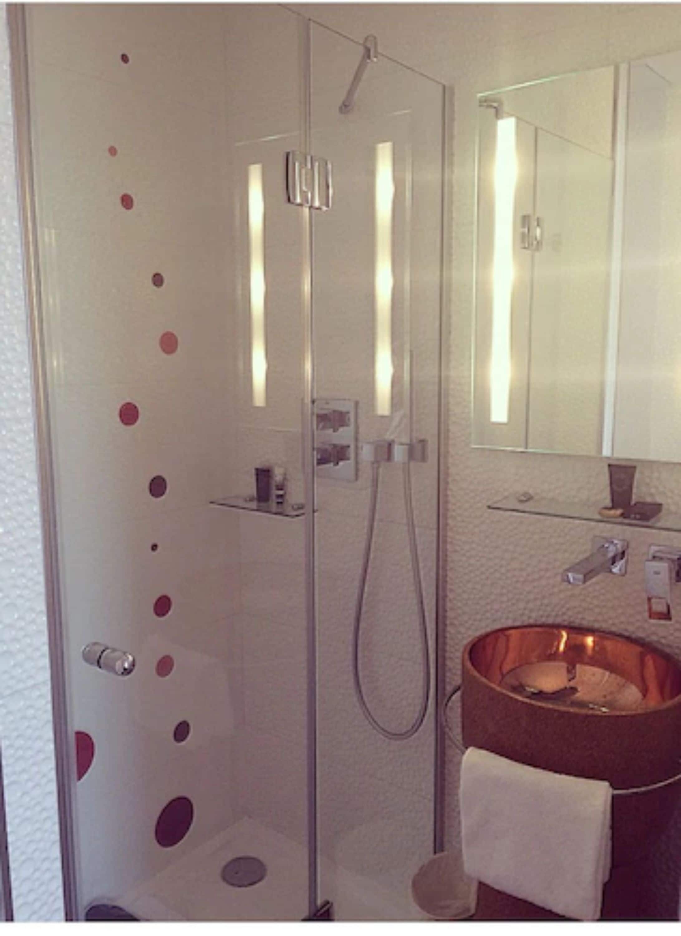 designer toiletries, hair dryer, towels, soap