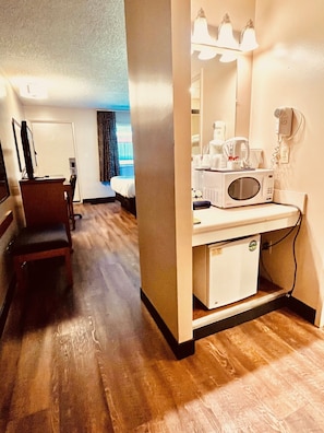 Desk, laptop workspace, blackout drapes, soundproofing