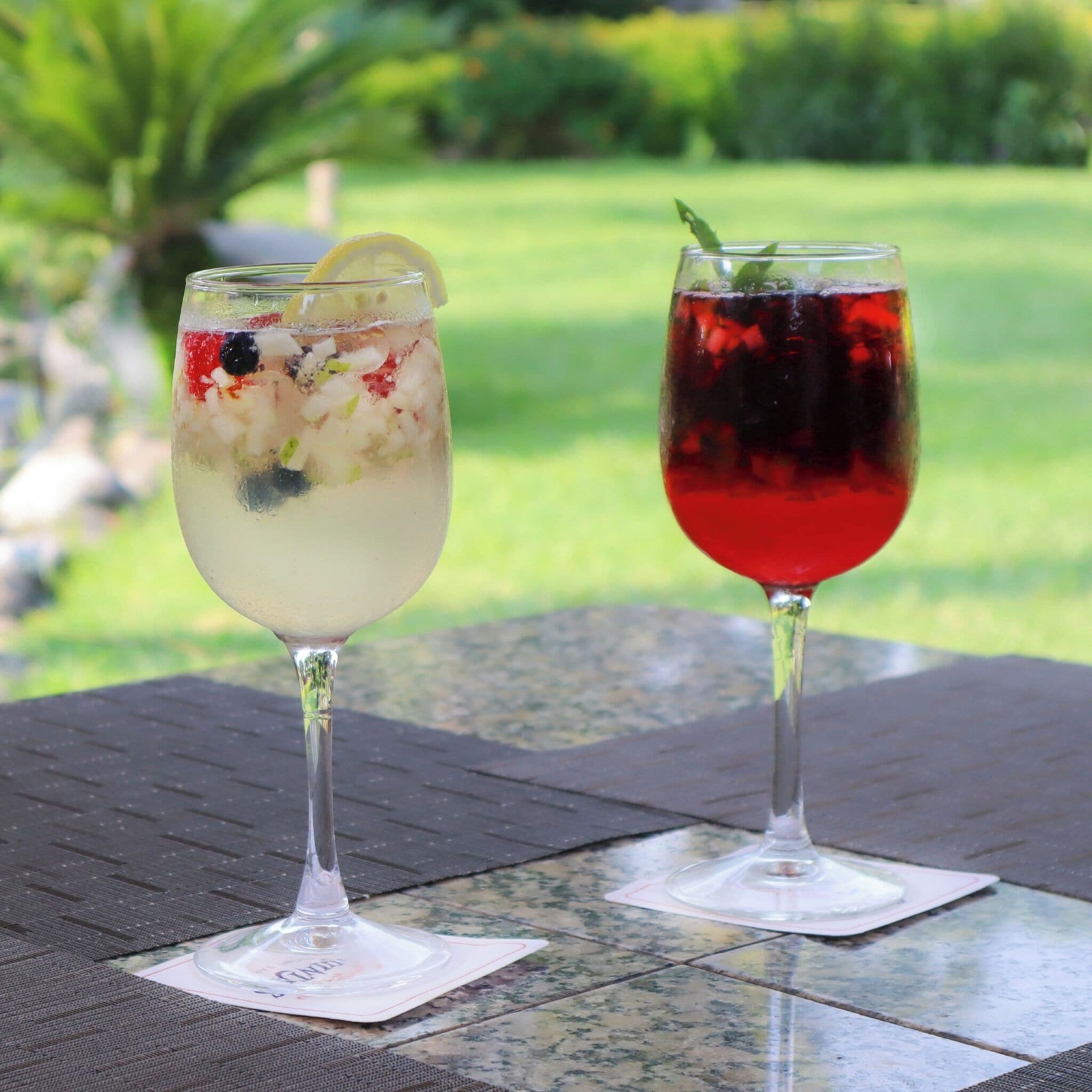 Duas bebidas sobre uma mesa, com vista para uma paisagem verde.