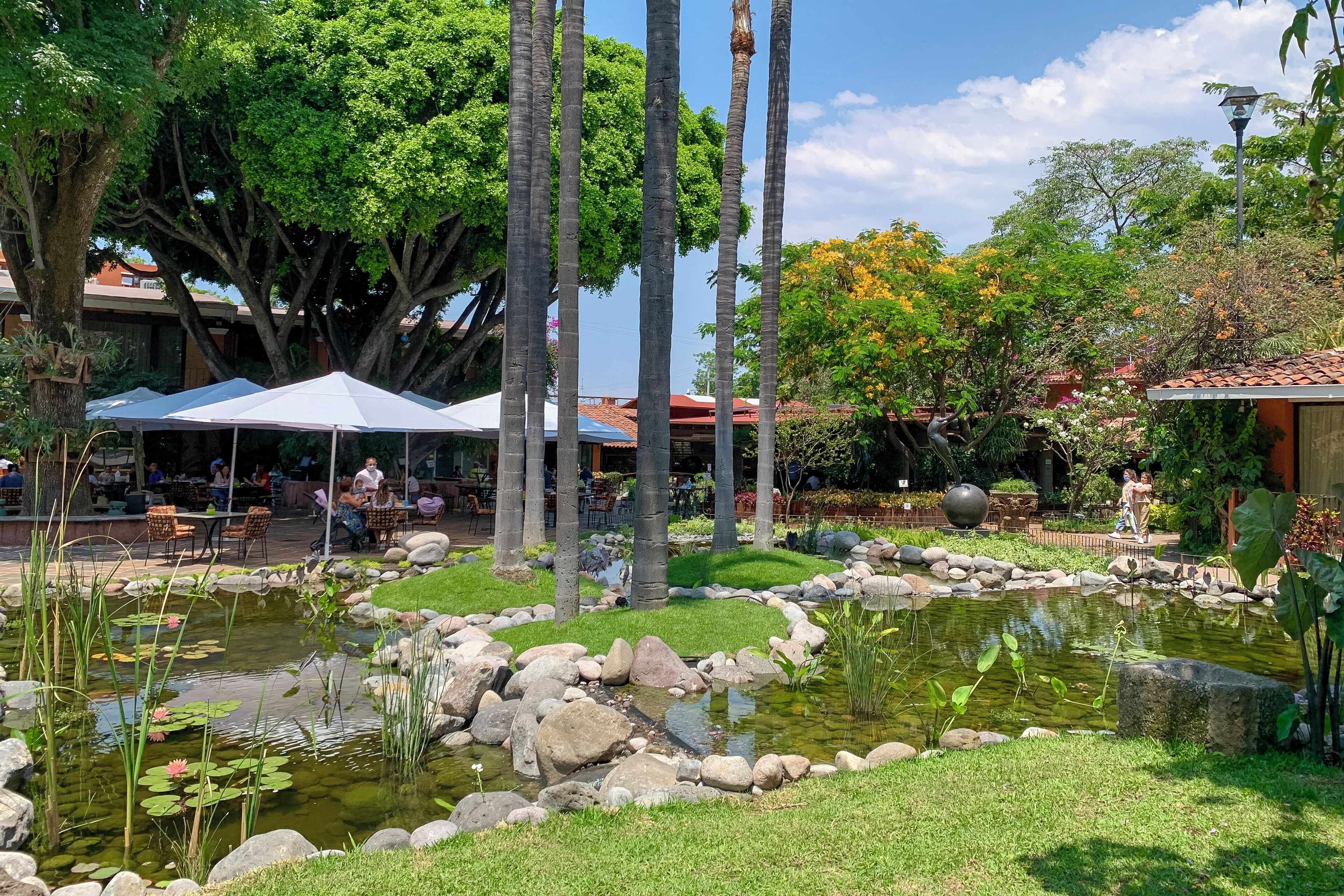 Un jardín tranquilo con un estanque, rodeado de rocas y abundante vegetación, y zonas de estar al aire libre con sombrillas.