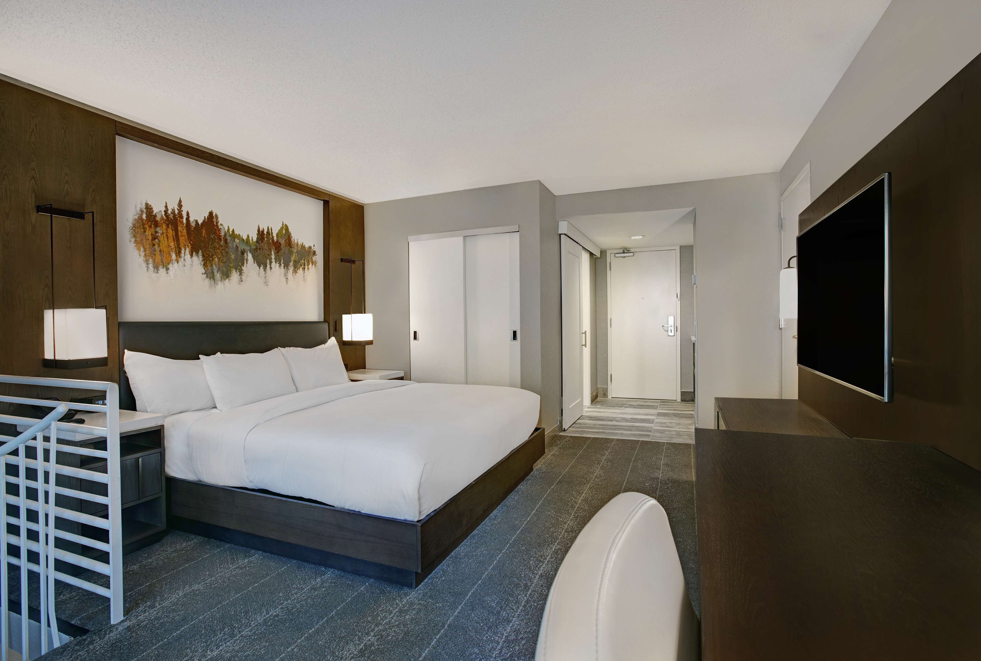 Una habitación de hotel moderna con una cama grande, un escritorio, un televisor y un cuadro en la pared.