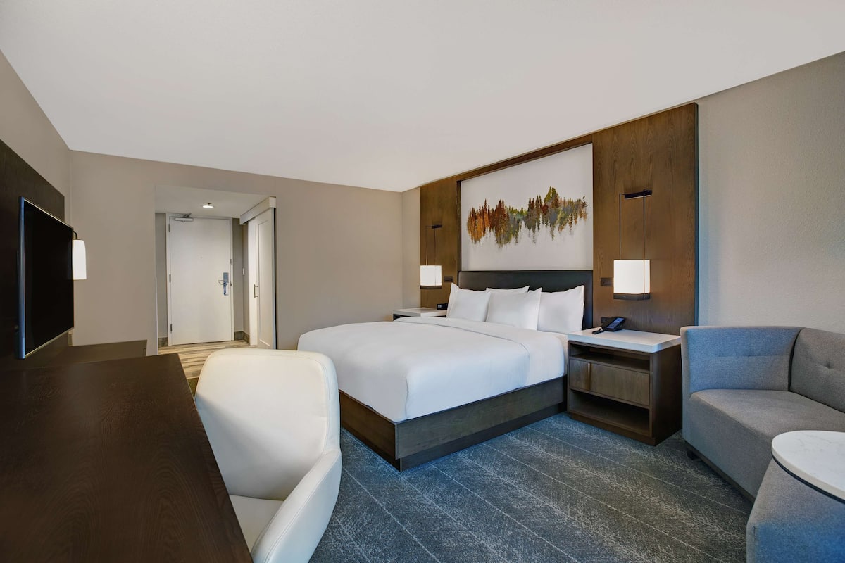 Una habitación de hotel con cama, mesitas de noche, un escritorio, una silla y televisor.