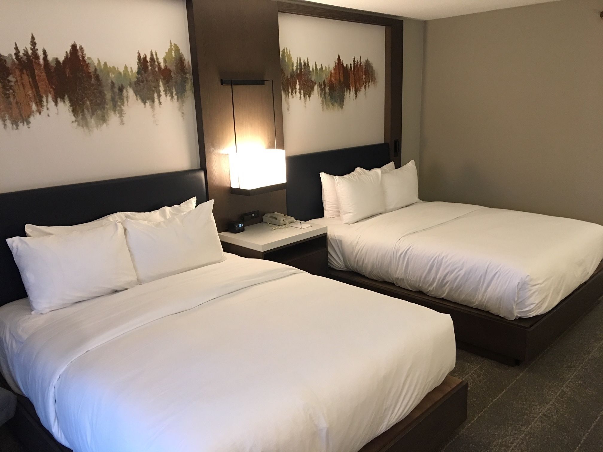 Ein Hotelzimmer mit zwei Einzelbetten, einem Nachttisch mit Lampe und einem an der Wand befestigten Spiegel.