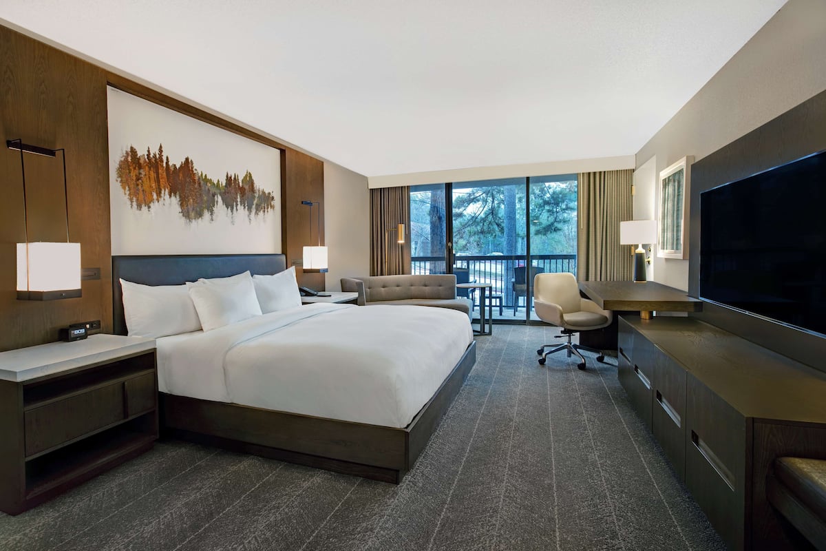 Habitación de hotel con una cama grande, un escritorio, una silla, un televisor y un balcón con vistas a árboles.