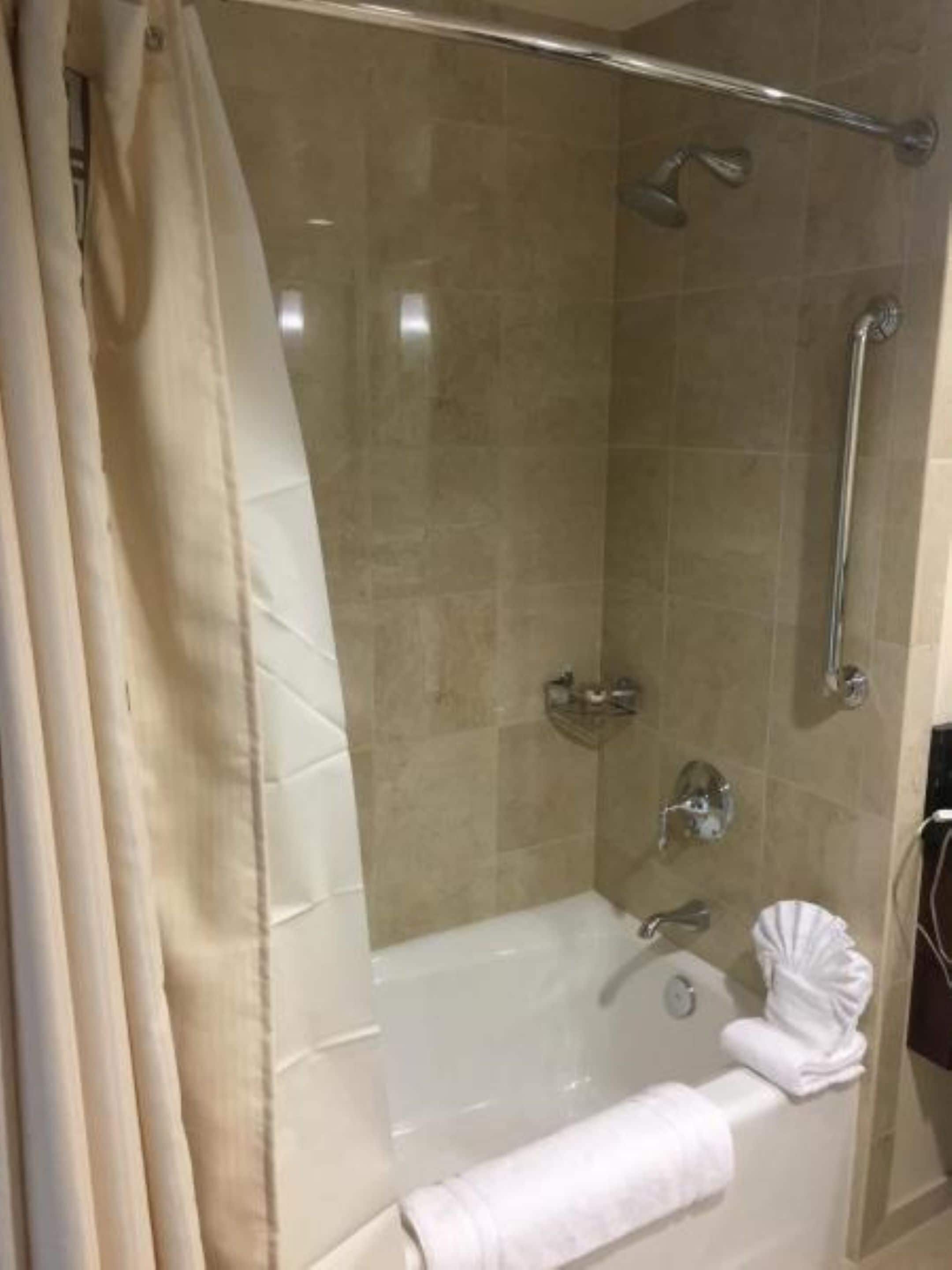 A modern bathroom with a glass-enclosed shower, a bathtub, and a towel rack.