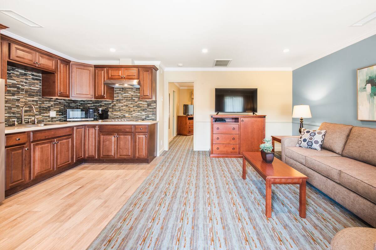 standard suite, 1 king bed with sofa bed | living room | flat-screen tv, dvd player