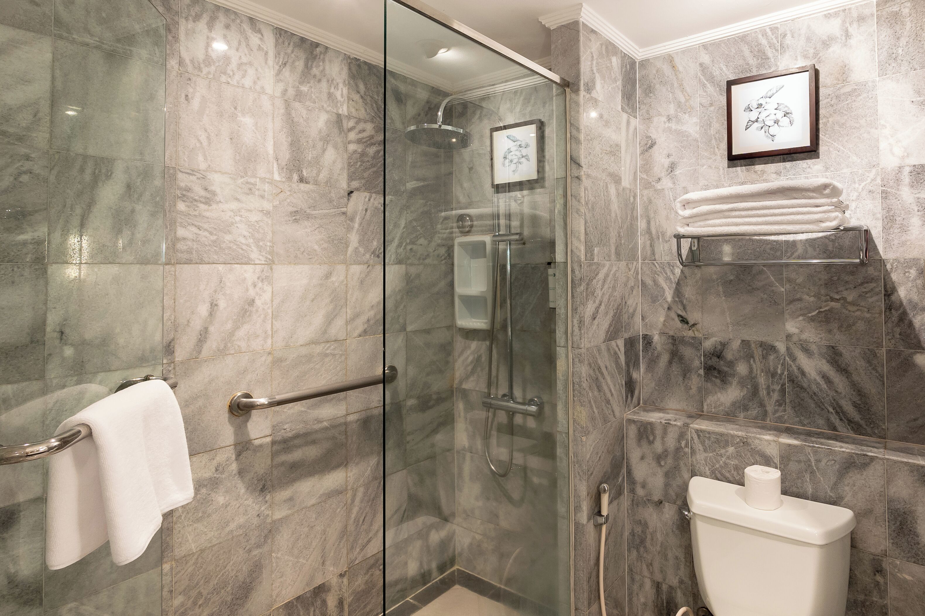 A modern bathroom with a glass-enclosed shower, marble walls, a toilet, and a towel rack.