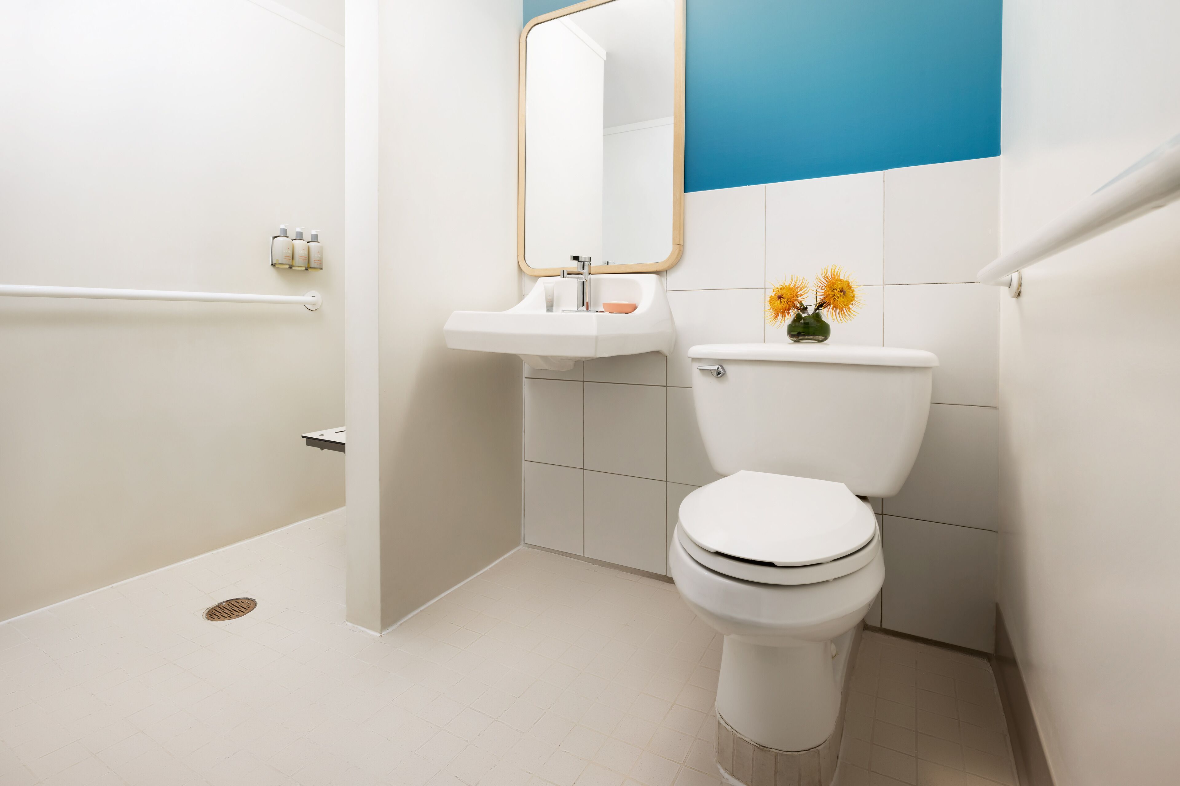 combined shower/bathtub, free toiletries, hair dryer, towels