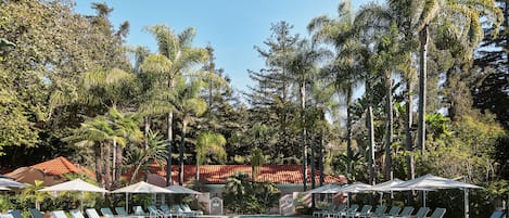 Hồ bơi ngoài trời, dù/ô trên bãi biển/hồ bơi, ghế dài tắm nắng