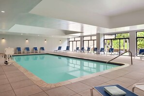 Indoor pool, open 9:00 AM to 9:00 PM, sun loungers