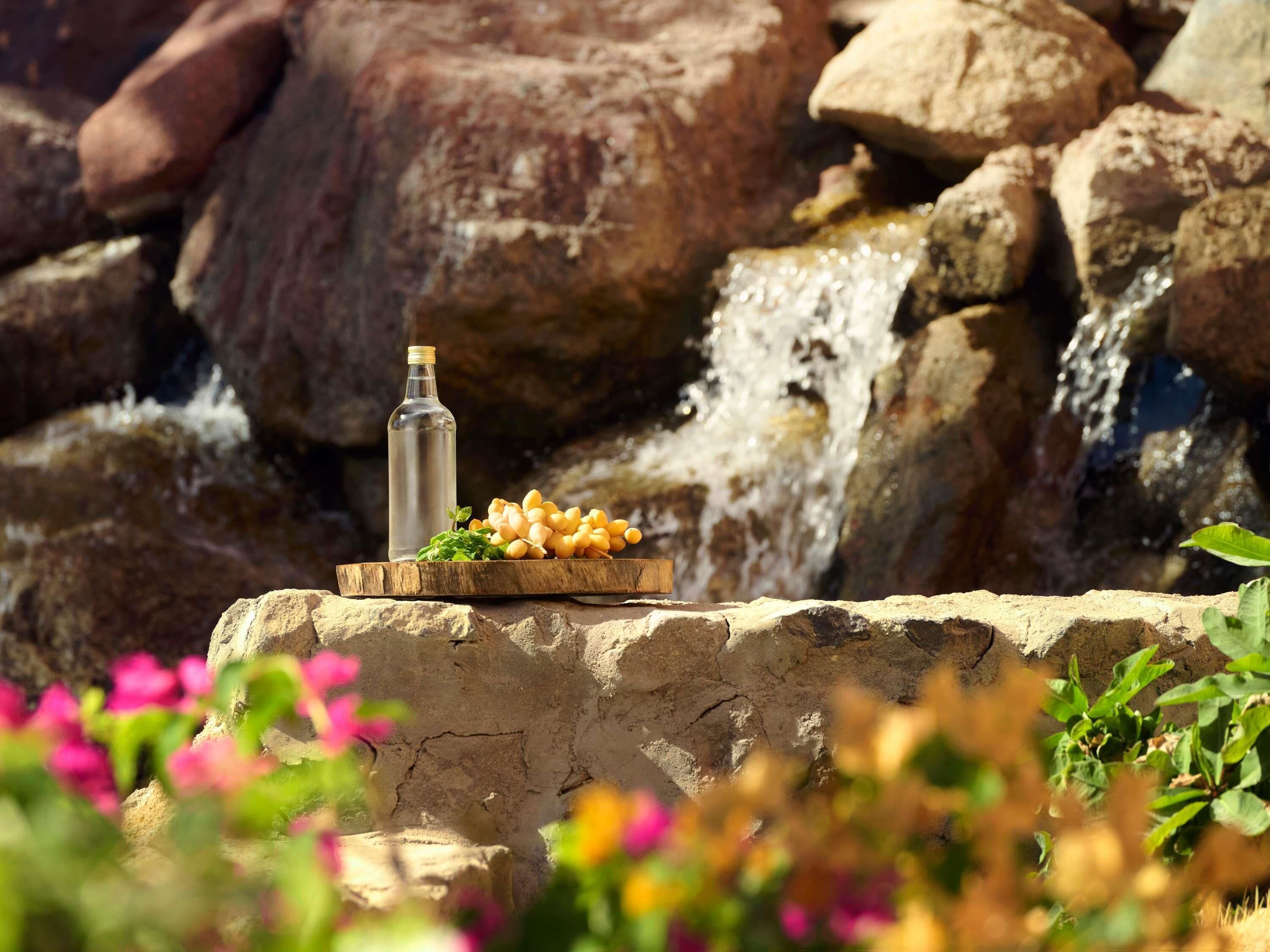 A bottle of water and grapes on a wooden platform with a rocky background and a waterfall.