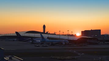 Een luchthaventerminal met meerdere vliegtuigen op de parkeerplaats, een heldere lucht en een zonsondergang op de achtergrond.