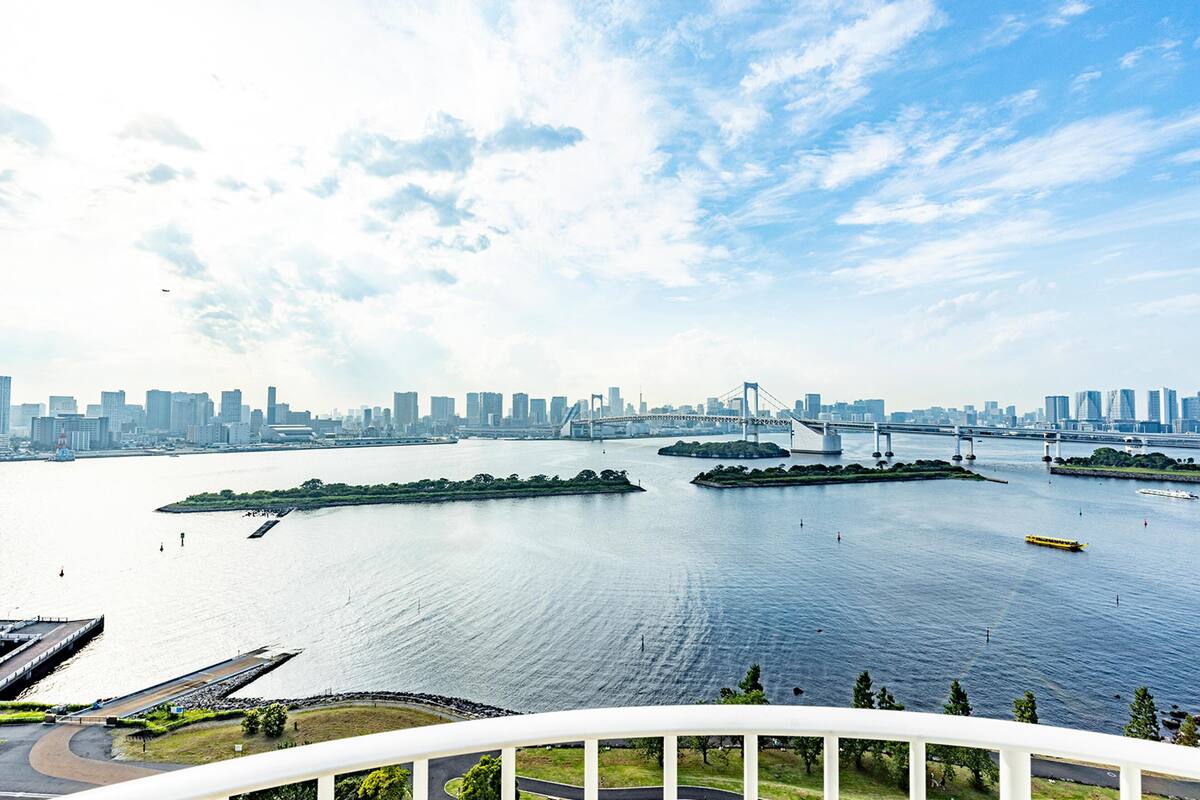 A river with a city skyline in the background, a bridge, and a boat on the water.