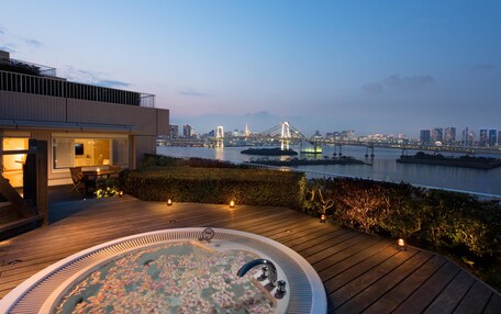 A rooftop terrace with a hot tub, wooden deck, and a cityscape view including a bridge.