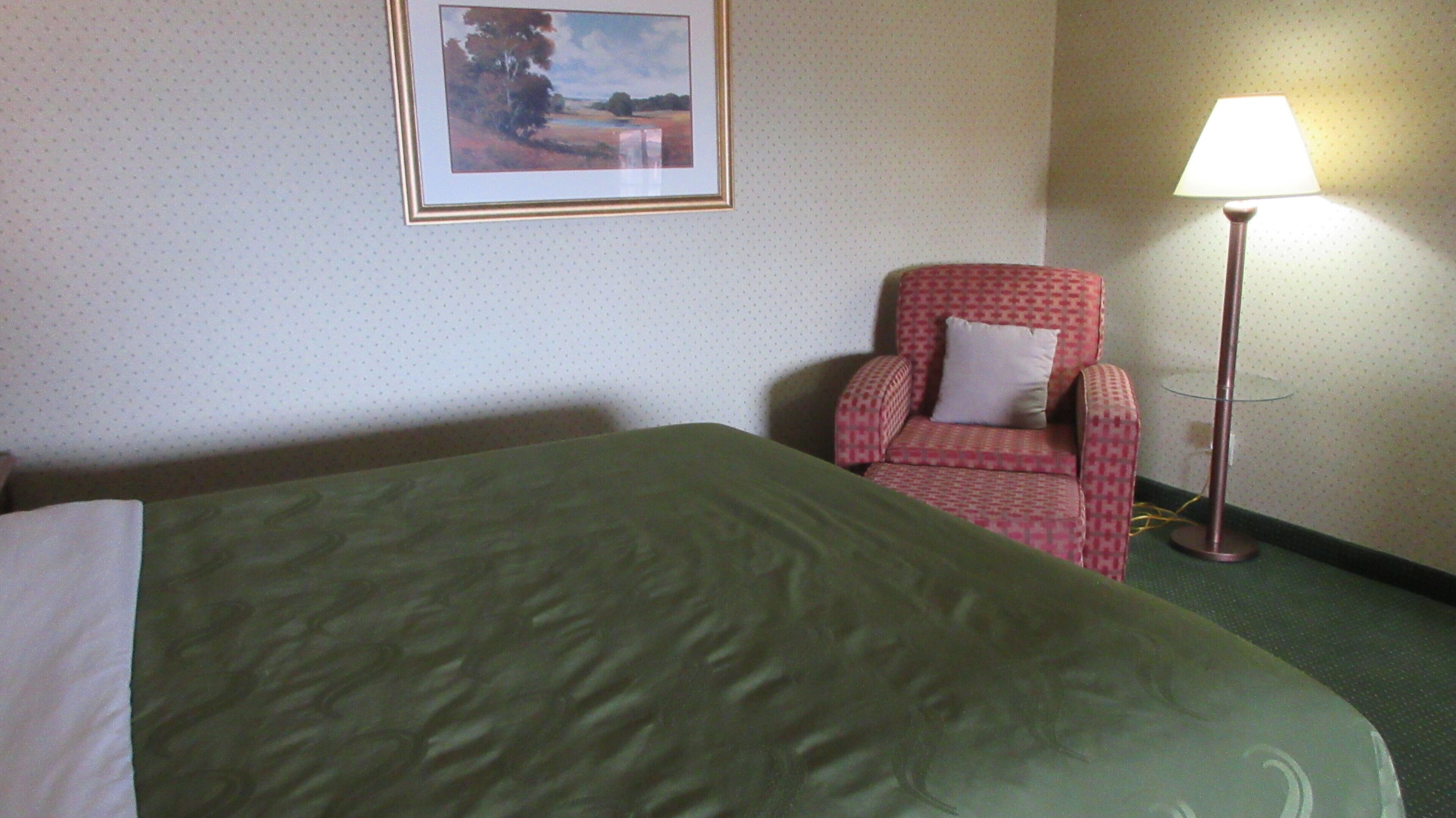 A hotel room with a bed, a chair, a lamp, and a framed picture on the wall.