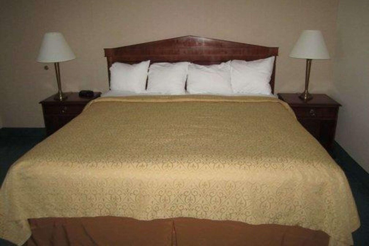 Habitación de hotel estándar con cabecera de madera, colcha estampada, dos lámparas de noche y mesita con teléfono.