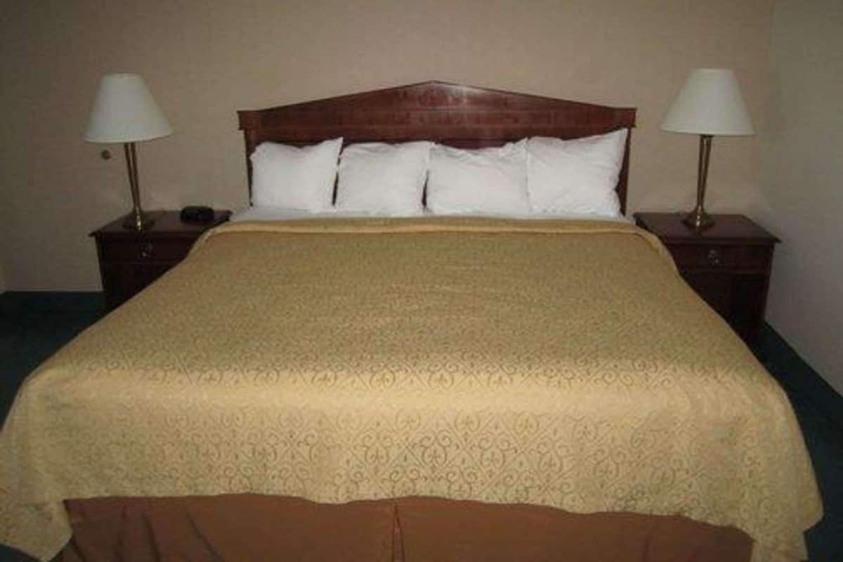 A standard hotel room with a single bed, two bedside tables with lamps, and a plain wall.