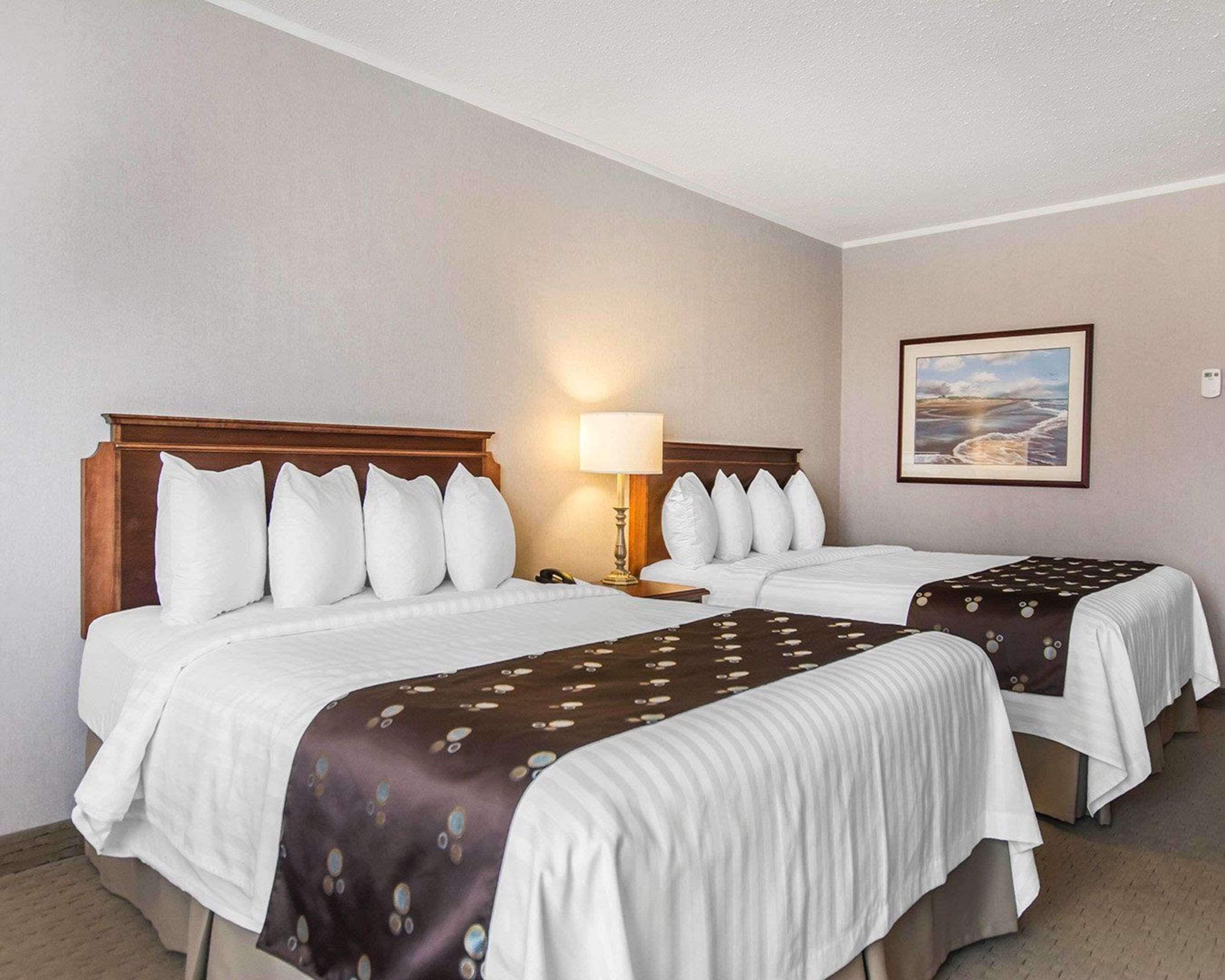 A hotel room with two beds, each with white linens and a brown patterned bedspread. There is a nightstand with a lamp between the beds, and a framed picture on the wall.