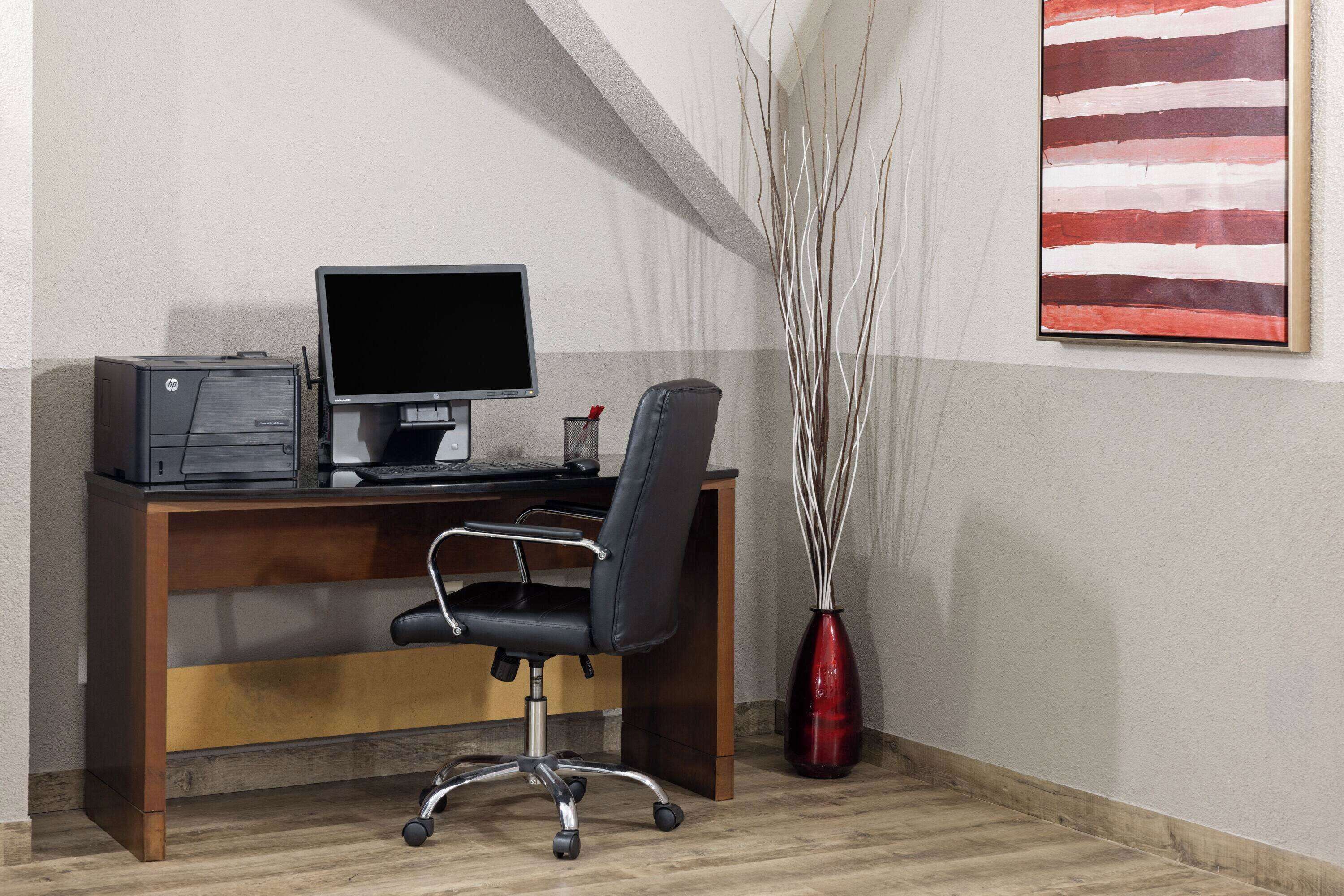Un espacio de trabajo en casa con escritorio, computadora, impresora y un florero con plantas altas.
