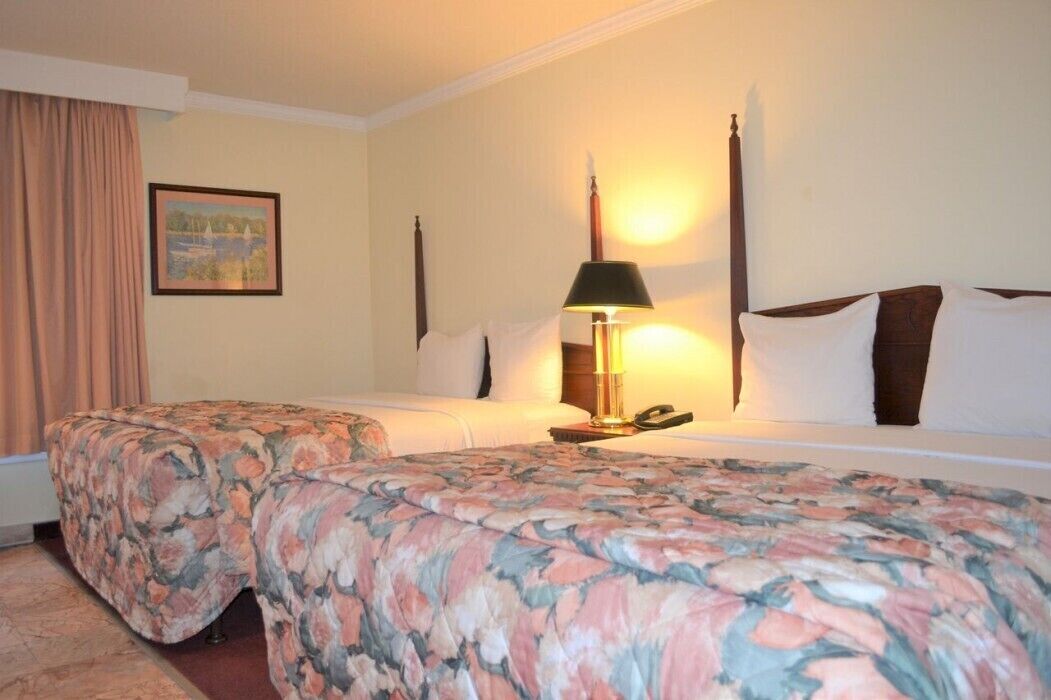Ein Hotelzimmer mit zwei Betten, einem Nachttisch mit Lampe, einem gerahmten Bild an der Wand und einem Fenster mit Vorhängen.