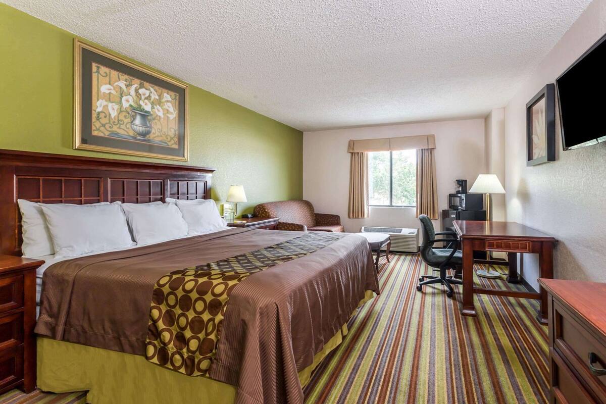 A hotel room with a large bed, a desk, a chair, a TV, and a window with curtains.