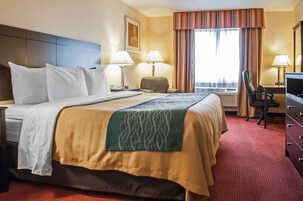 Una habitación de hotel con una cama grande, dos mesitas de noche, un escritorio, una silla y un televisor.