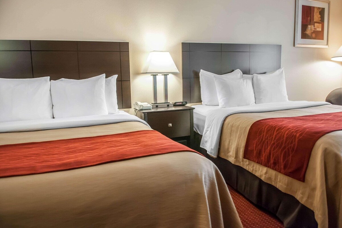 Habitación de hotel con dos camas, cada una con ropa de cama blanca y un detalle rojo. Entre las camas, hay una mesita de noche con una lámpara y un teléfono.